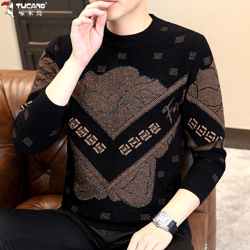 啄木鸟男士个性欧货烫钻毛衣秋冬季时尚轻奢打底衫高档潮牌针织衫