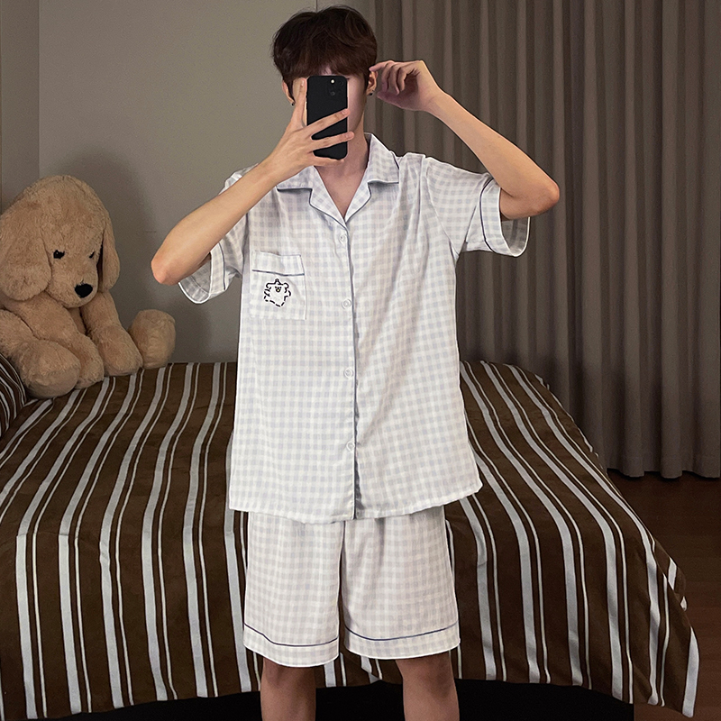 条纹高级感春夏季短袖短裤男士休闲卡通线条小狗大码家居服三件套