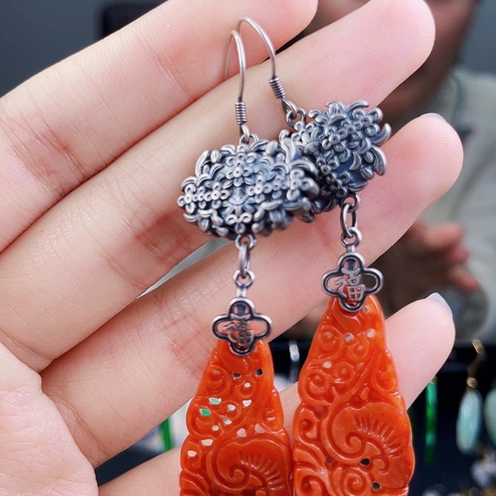 翡翠耳饰银S925镶嵌饰品