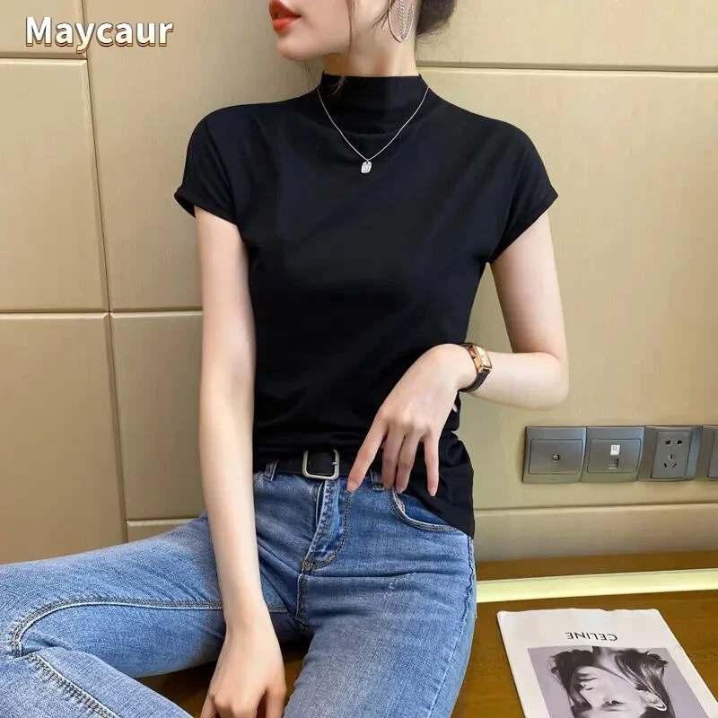 韩式半高领短袖T恤女款2024年新款百搭常规连肩纯色时尚简约上衣