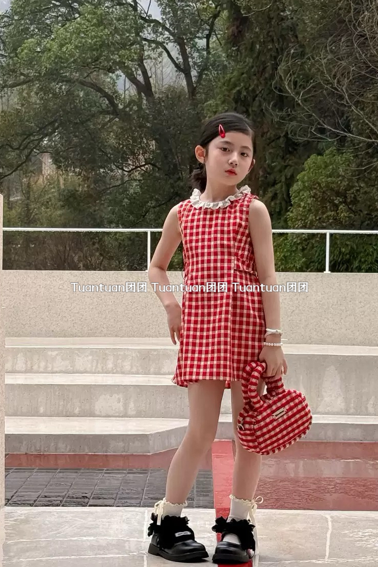 TUANTUAN 2025 夏款新品女童格子修身背心中大童甜美度假风裙子