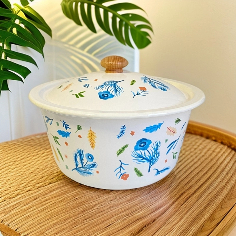 26厘米高颜值羽毛图案珐琅搪瓷猪油罐大容量带盖和面盆汤盆汤锅
