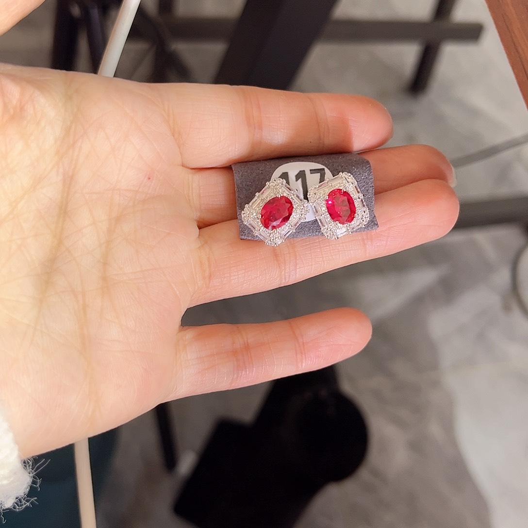 银S925镶嵌耳饰红宝石