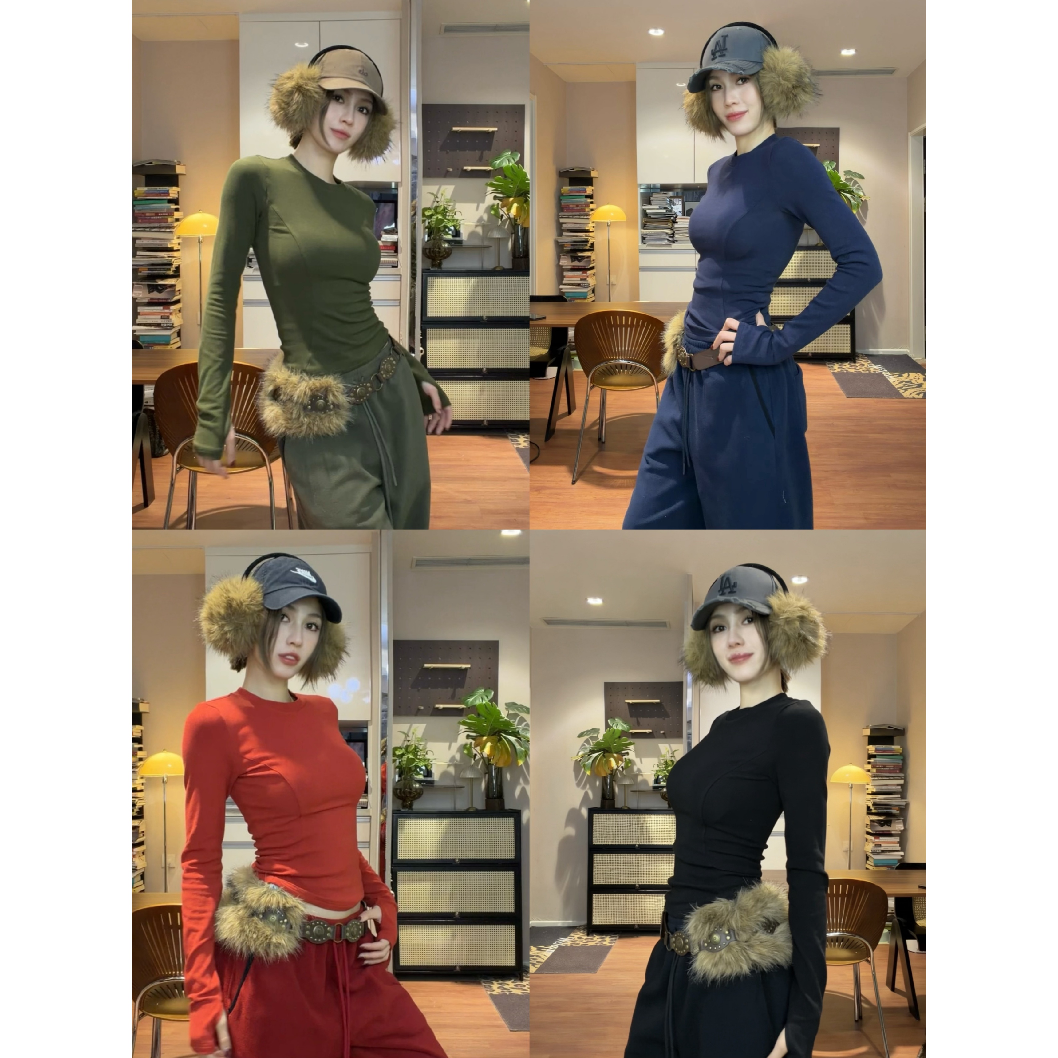 高弹修身圆领收腰上衣长袖打底+宽松休闲摇粒绒阔腿裤 60106