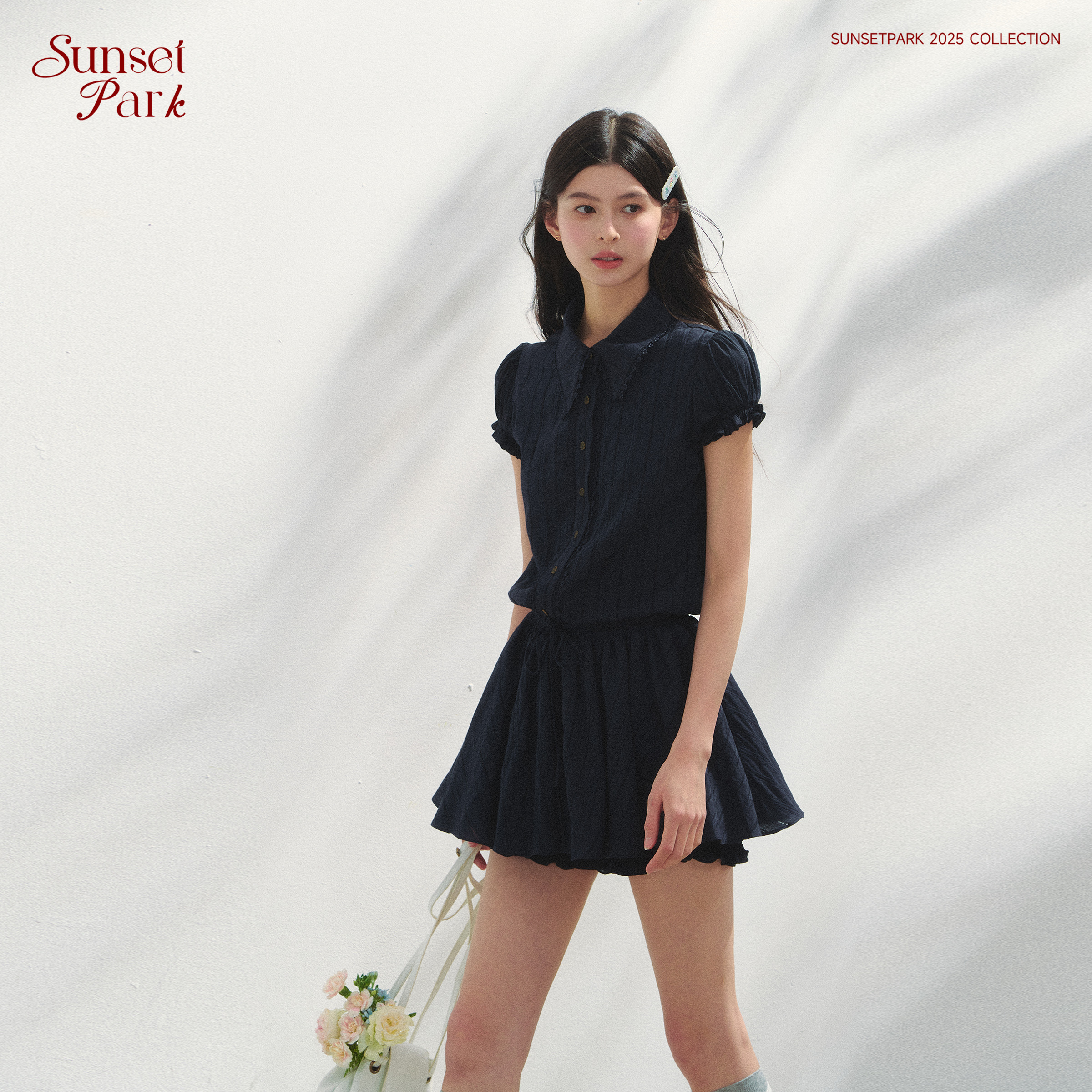你的雪宝丨SunsetPark日落公园藏青学院风短袖衬衫收腰连衣裙