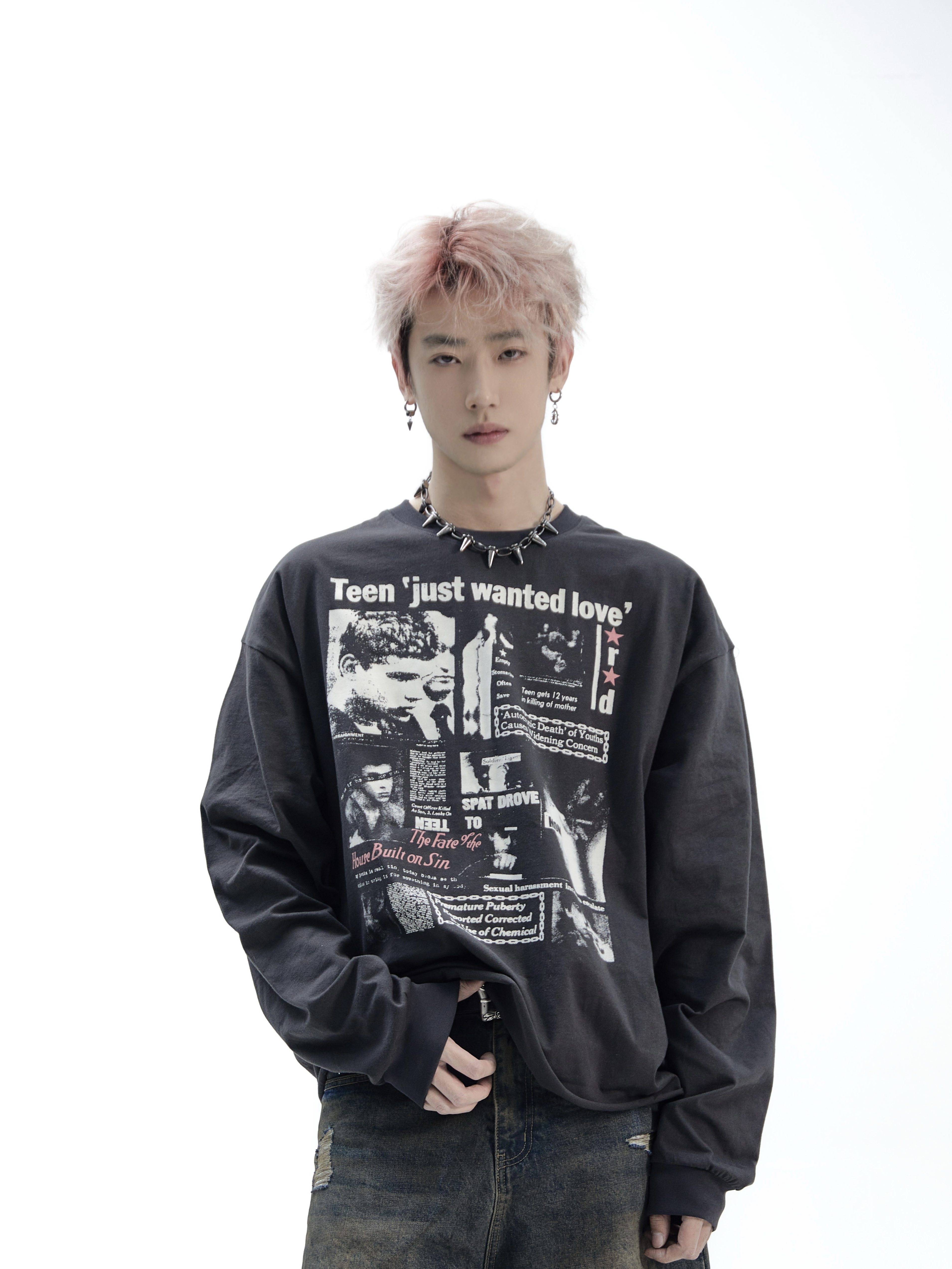 ASHDARK*ERD 忧郁的富二代 爱与叛逆做旧相片双面印花卫衣情侣