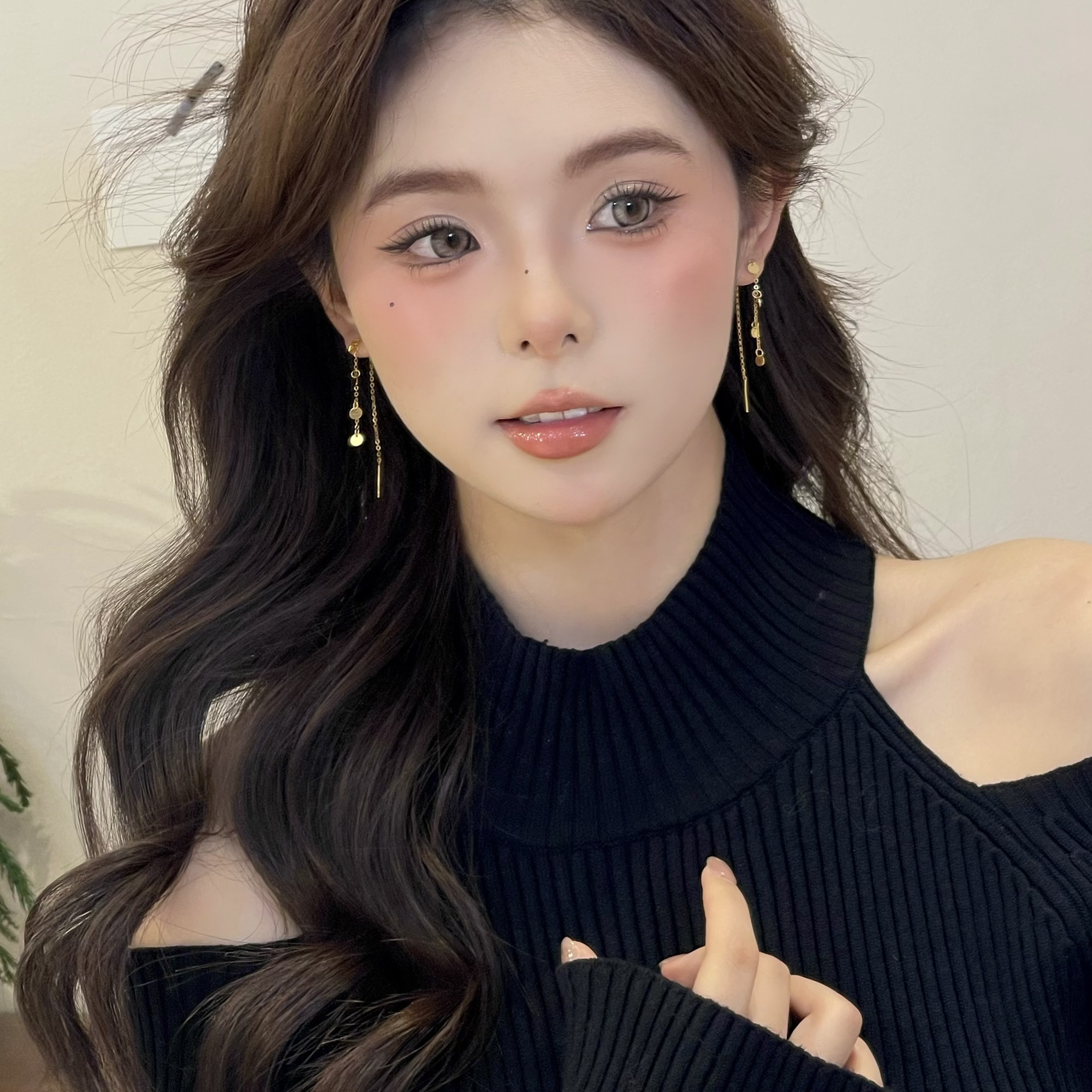 W799金色亮片链条流苏耳线时尚耳饰小众轻奢质感百搭