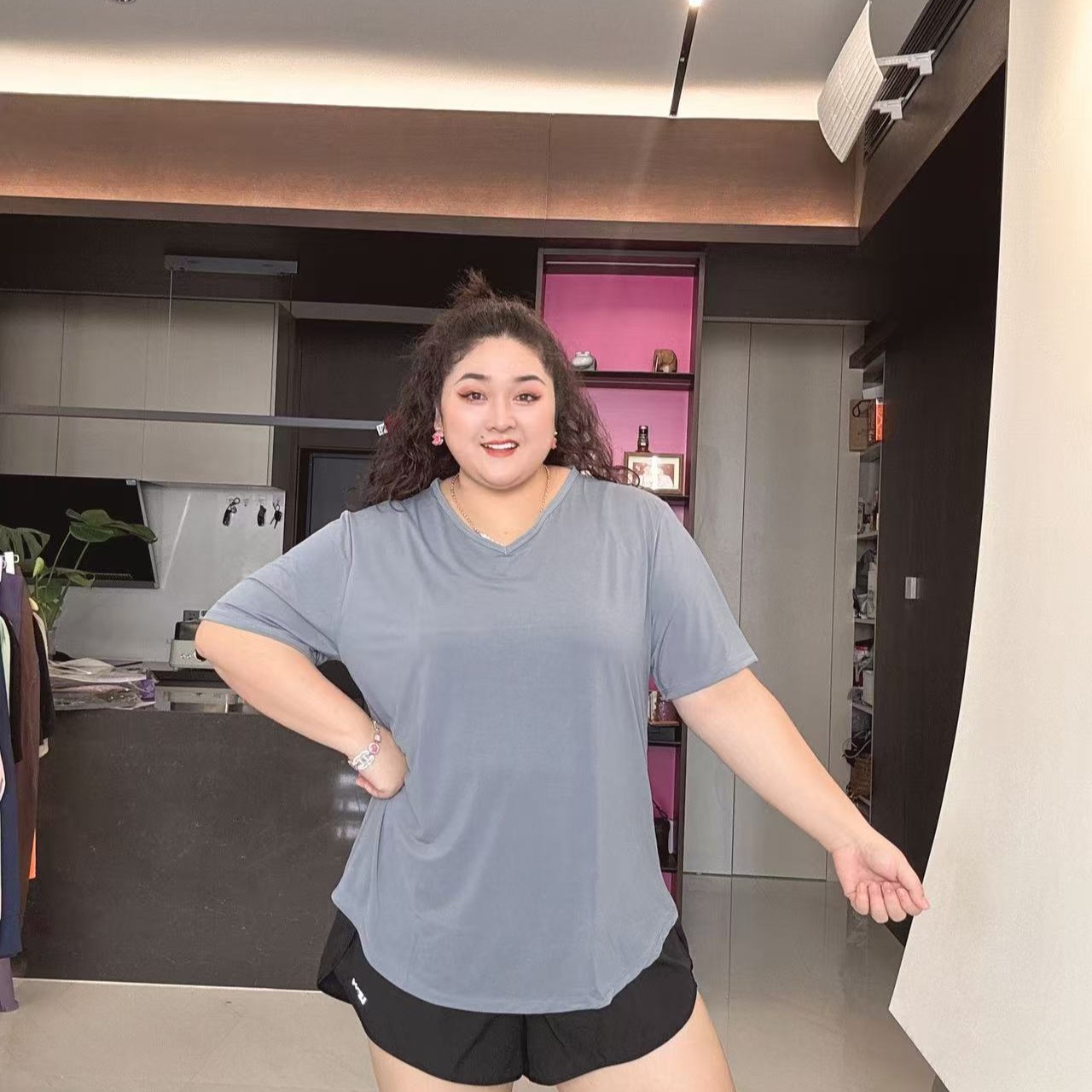 （断码特价）夏季V领冰感速干百搭运动纯色加长加大宽松短袖SY-141