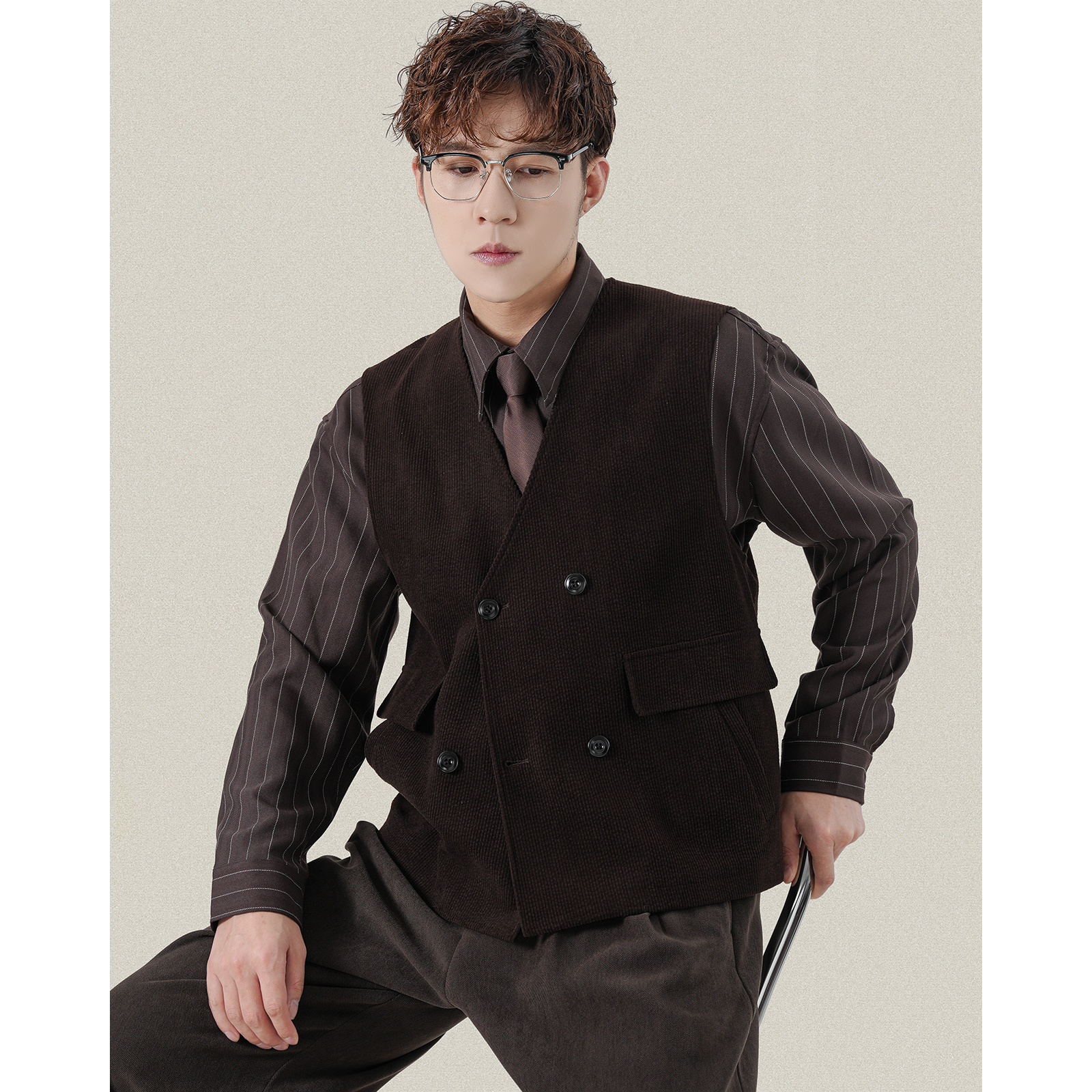 老钱风复古灯芯绒纹理质感双排扣马甲男士春秋季V领内搭无袖坎肩