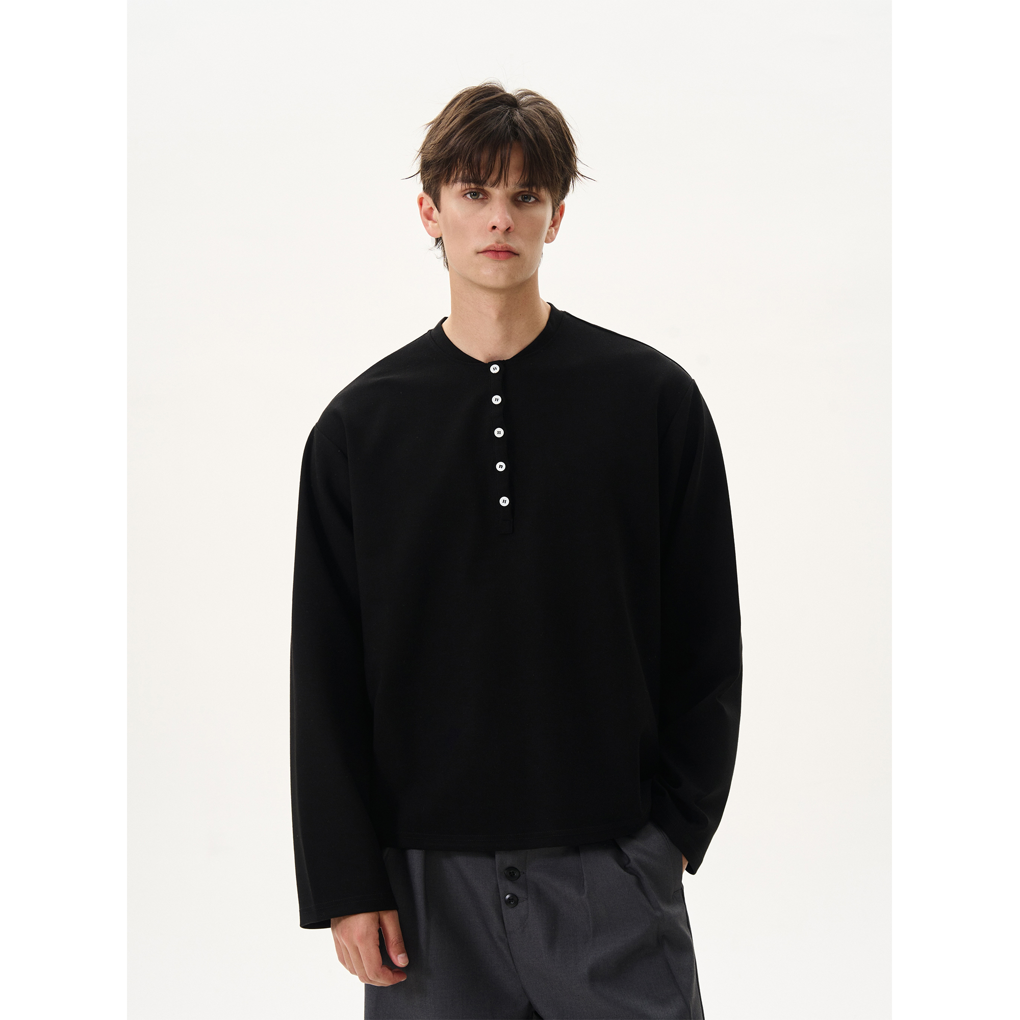 MaxDstr多扣子仿铜氨垂感丝滑亨利领长袖T恤男基础通勤短宽打底衫