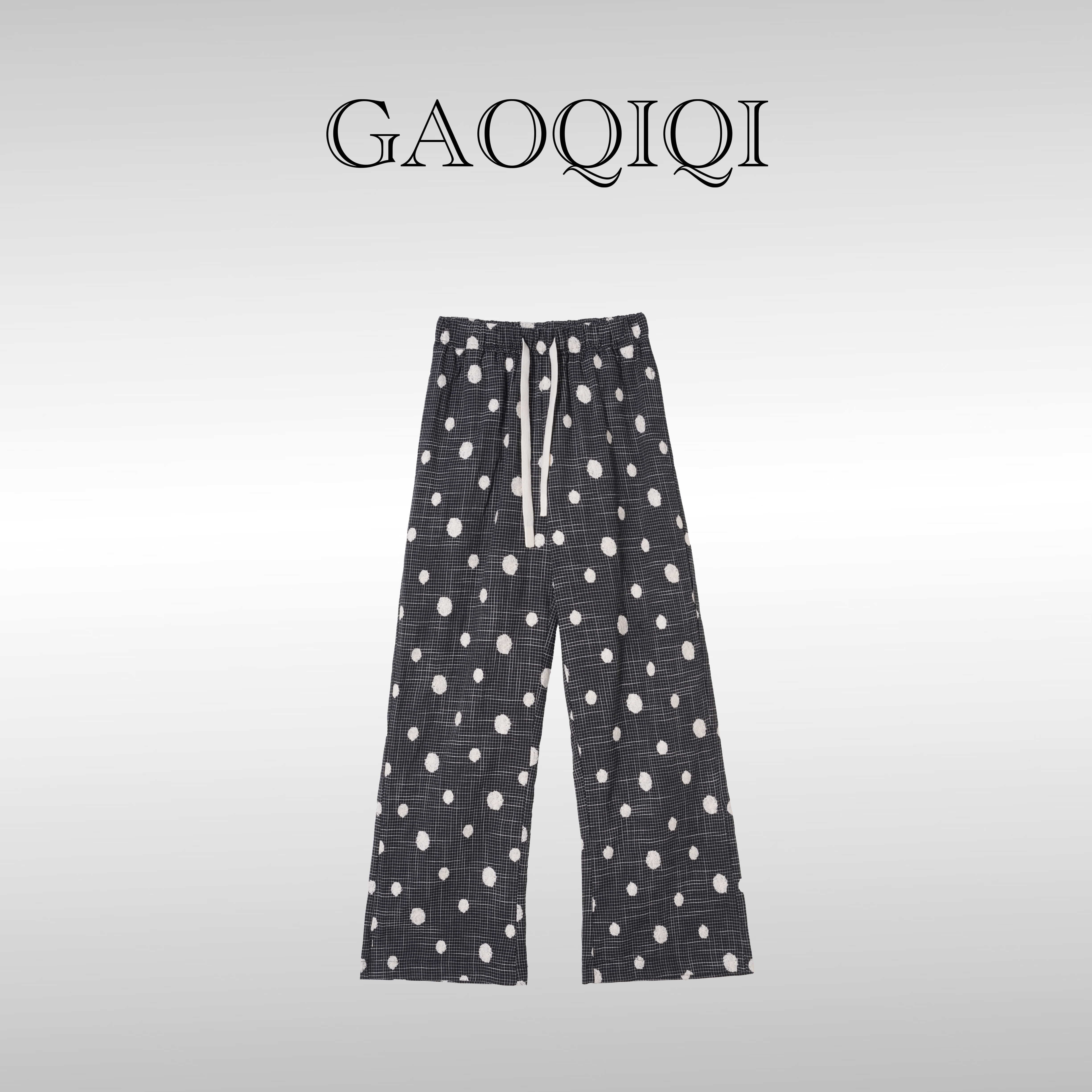Bird高七七 夏秋复古波点格子松紧休闲裤百搭显瘦直筒裤KZ2164G