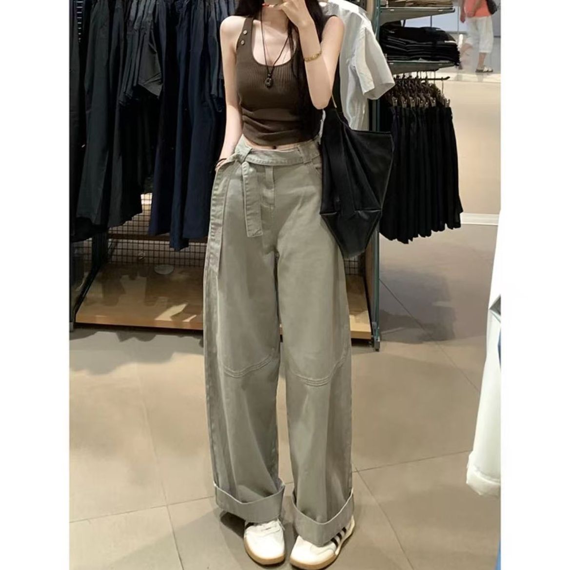 灰绿色带腰带休闲阔腿牛仔裤女夏季新款宽松垂感拖地裤小众小个子