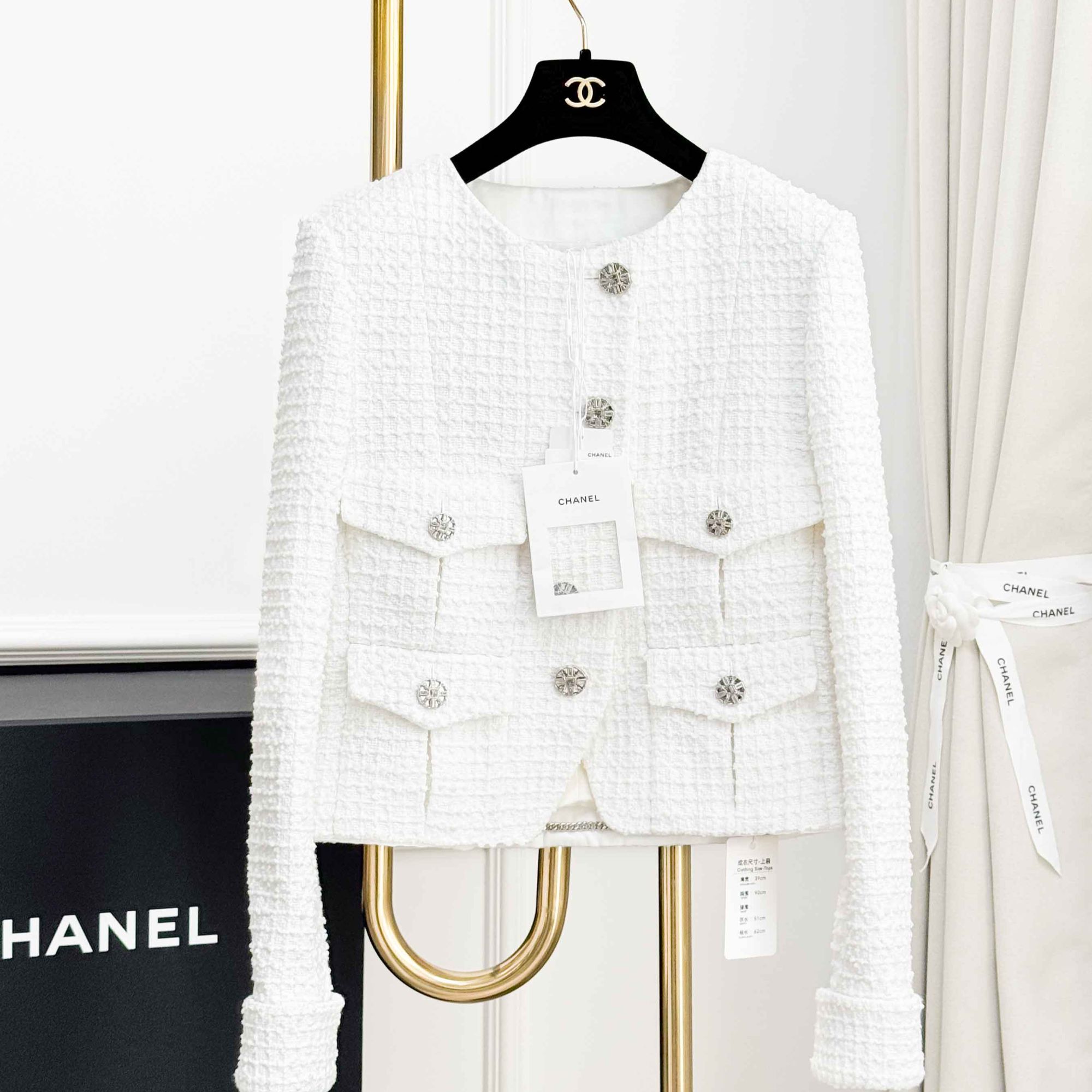 99新 Chanel/香奈儿 36码 白色 钻扣 四口袋 长袖 编织 外套 
