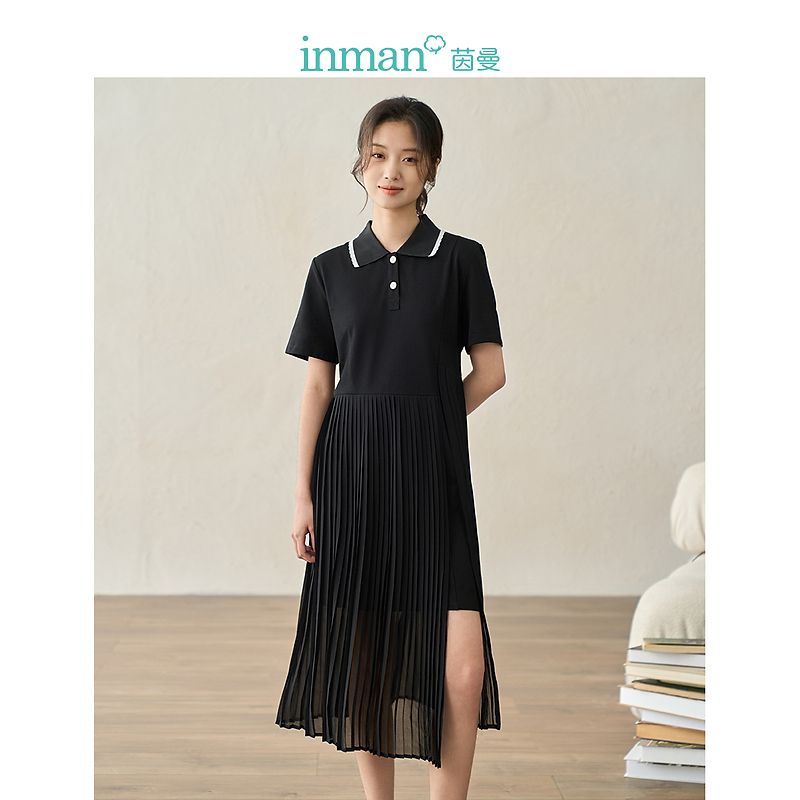 【商场同款】茵曼百褶连衣裙秋季女装新款POLO领短袖显瘦裙子全身裙