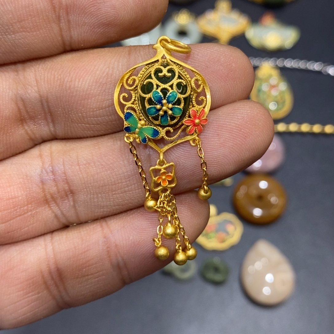 和田玉颈饰银S925镀金镶嵌