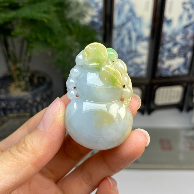 老种黄加绿葫芦福禄挂件吊坠 天然翡翠A货 