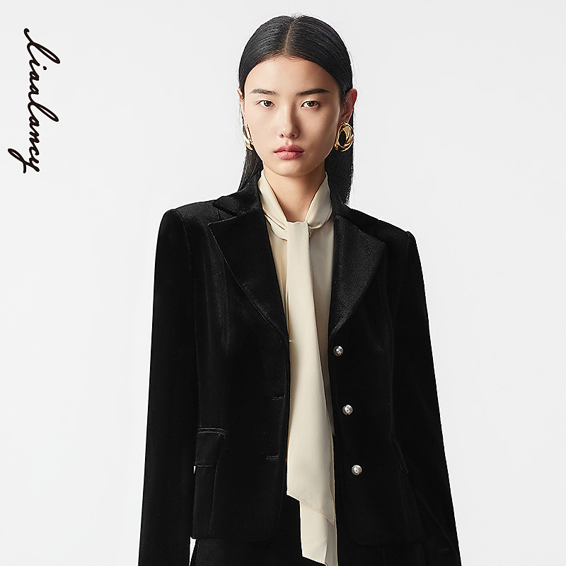 LANCY/朗姿2025冬新款气质黑色短款西装外套女高级感通勤职业西服
