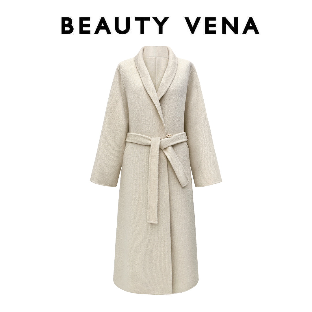 BEAUTY VENA韩式宽松系带牛角扣毛呢大衣B5W08