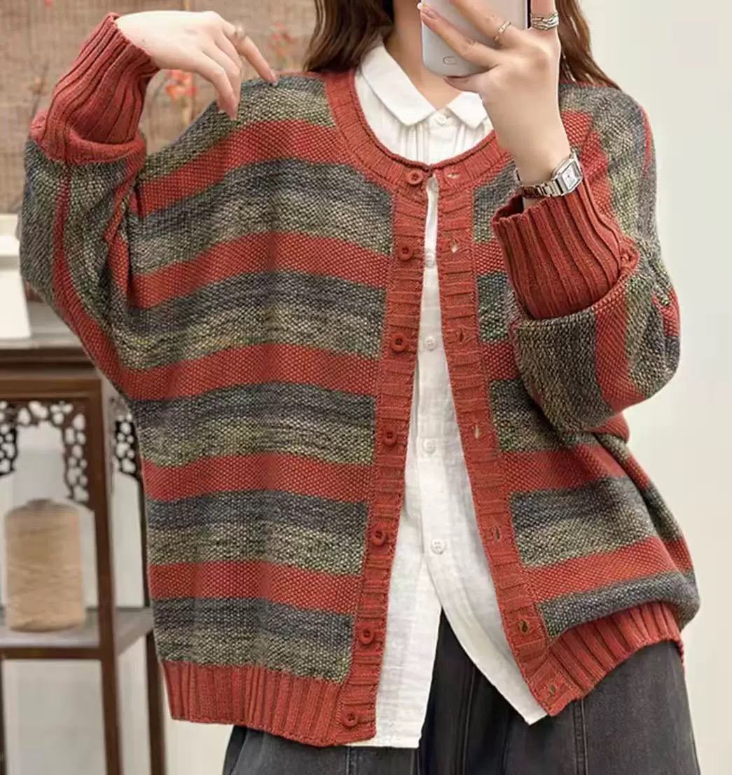 冬季长袖圆领针织女秋季毛针织衫厚款条纹极简风