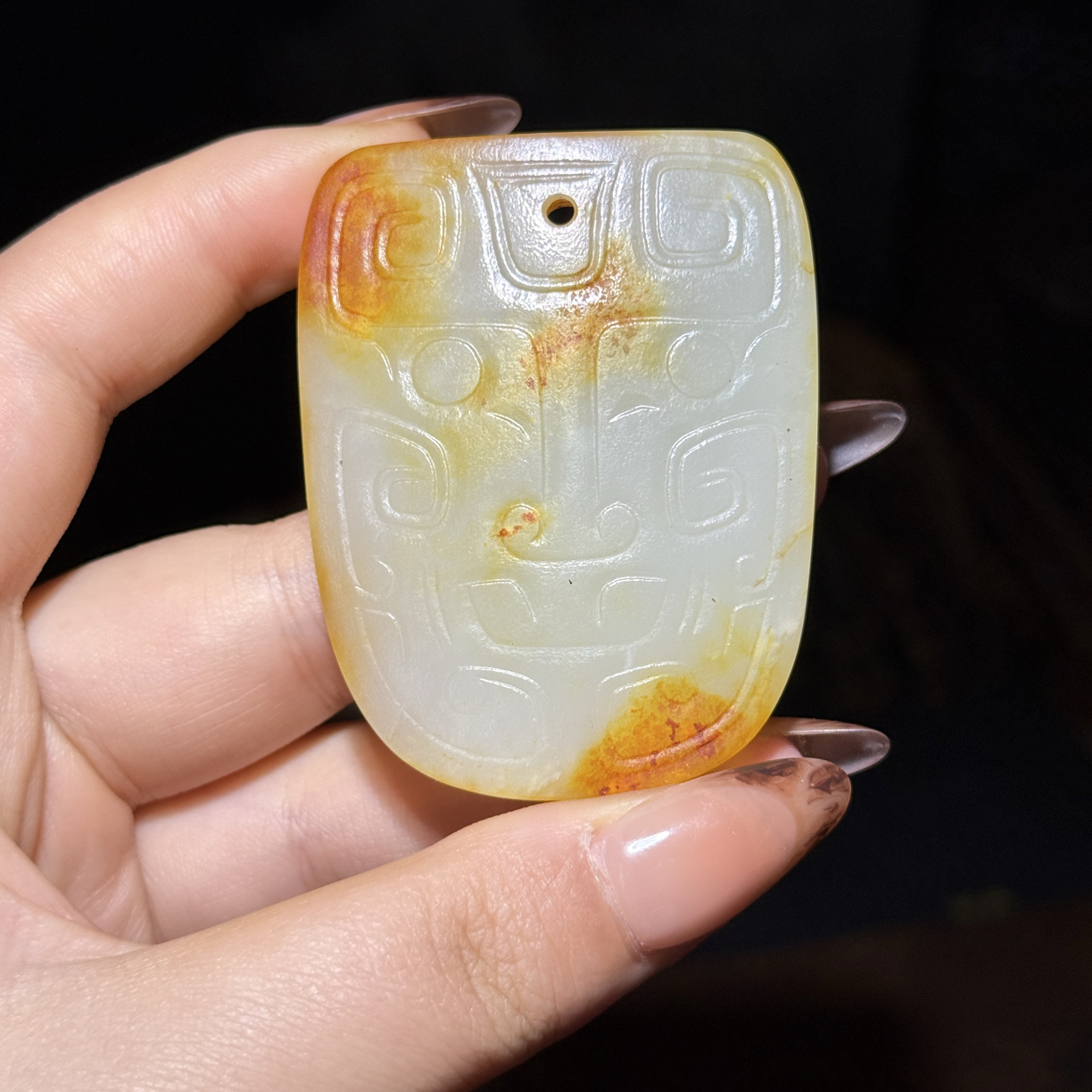 旧藏和田玉兽面纹饰玉佩挂件100291