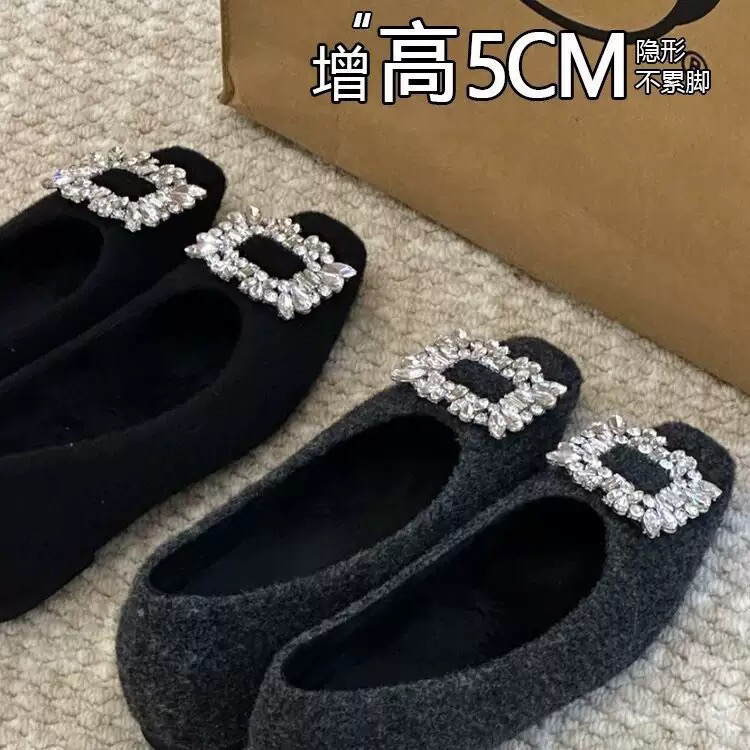 方头增高水钻浅口金属厚款单鞋跟鞋平底鞋鞋子网红厚黑女鞋