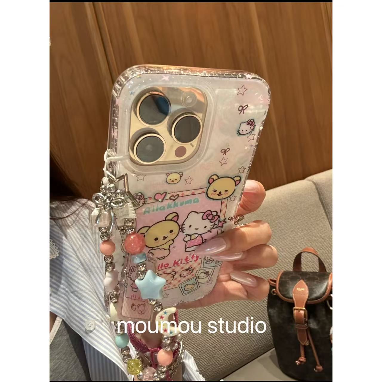 细闪粉轻松熊猫咪相片插画链条适用苹果16promax手机壳15iphone14