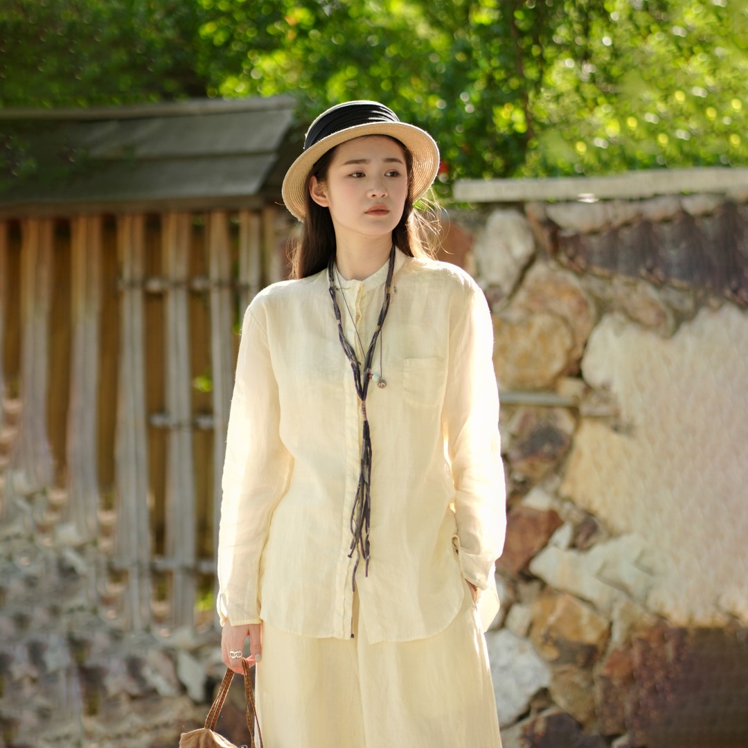 【寻苔出品】几见  W51718 苎麻圆领炒色防晒衬衫 