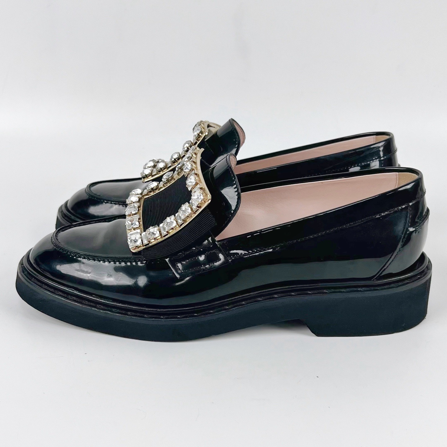 99新 Roger Vivier/罗杰·维威耶 38码 黑色漆皮钻扣乐福鞋 xz0472