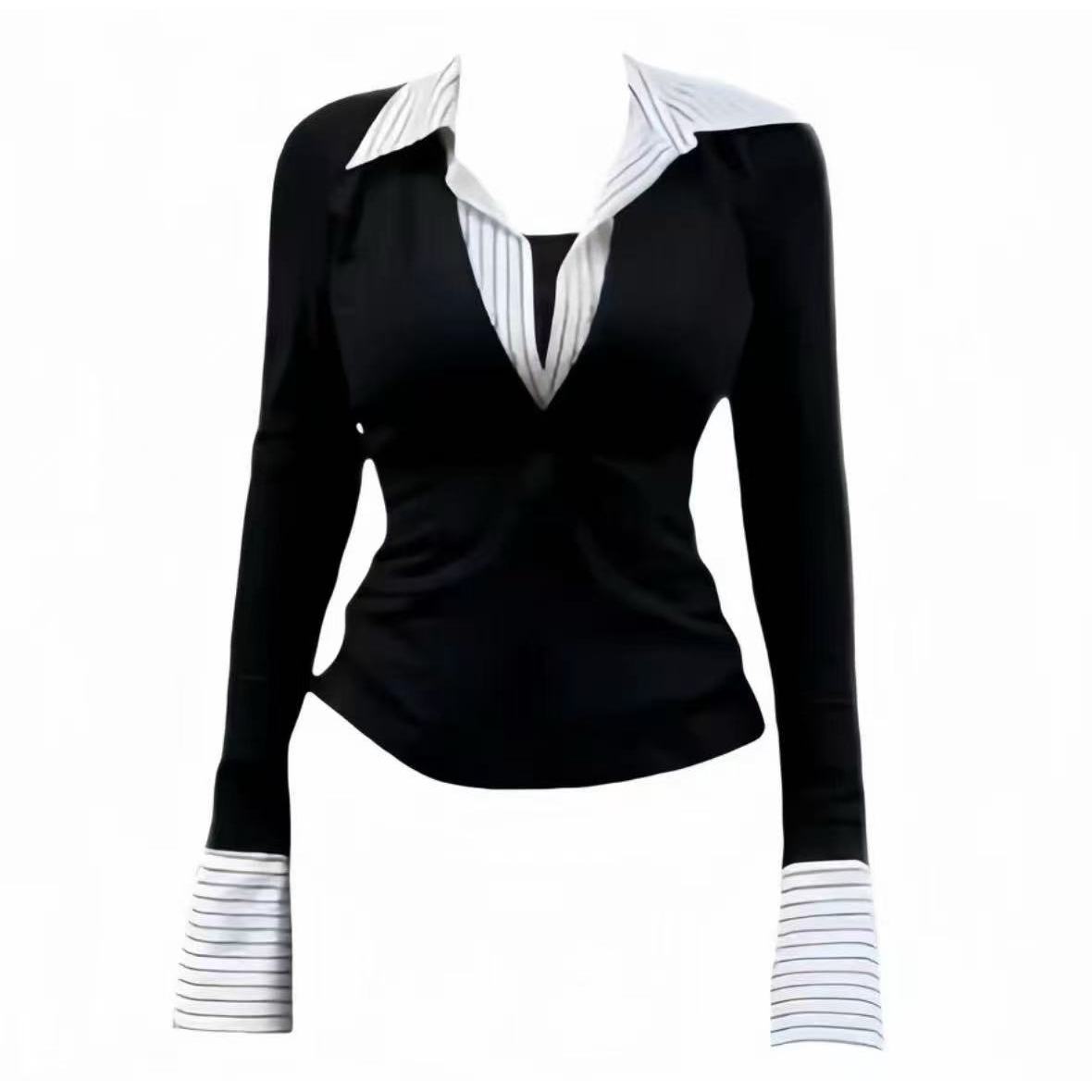 午餐肉家计感翻领假两件条纹拼接长袖T恤显瘦上衣T恤