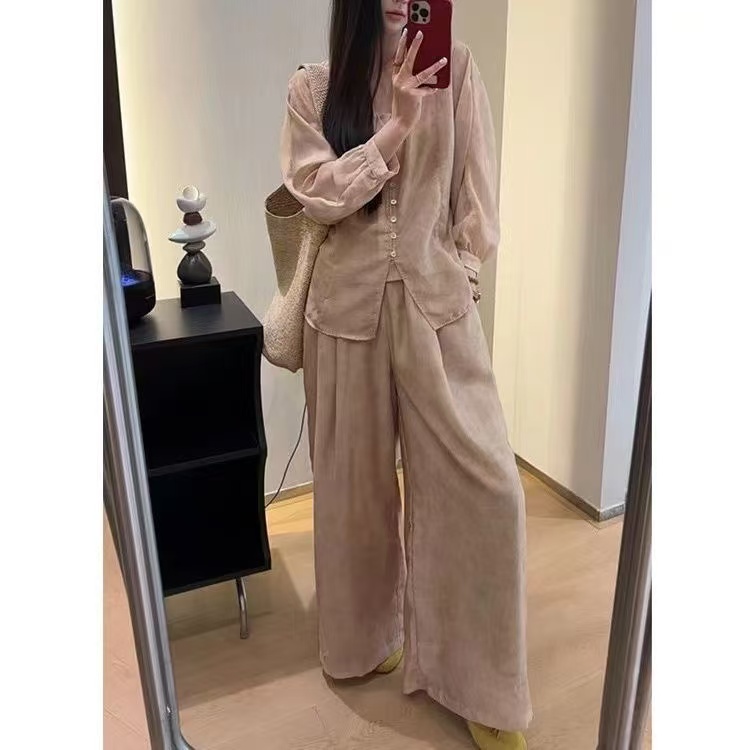 ZX6247新中式国风套装女春季复古气质V领长袖衬衫阔腿长裤三件套