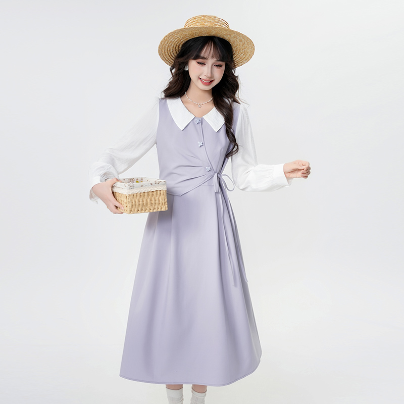 法式气质假两件连衣裙女2025春季新款小个子收腰显瘦长袖裙子