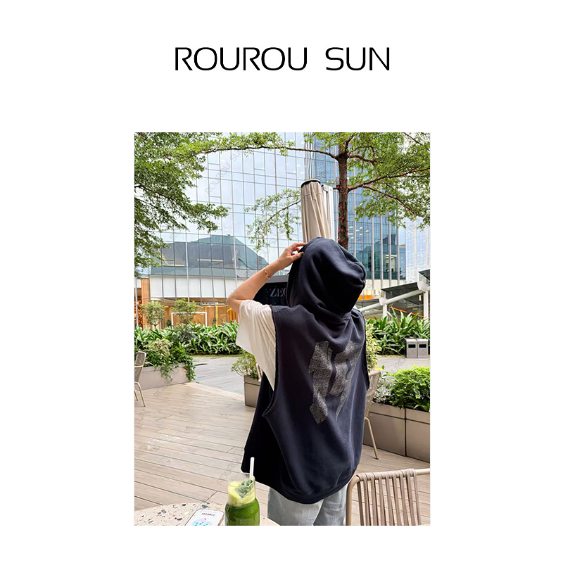 27789早秋款女装美式复古字母连帽马甲背心坎肩卫衣叠穿百搭上衣