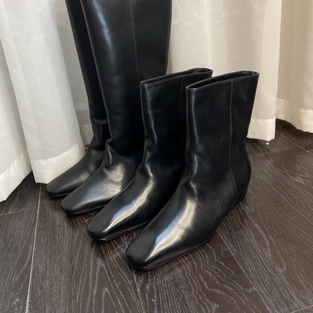 胎牛皮骑士靴方头内增高显瘦简约宽筒高级感中筒靴子百搭女靴真皮