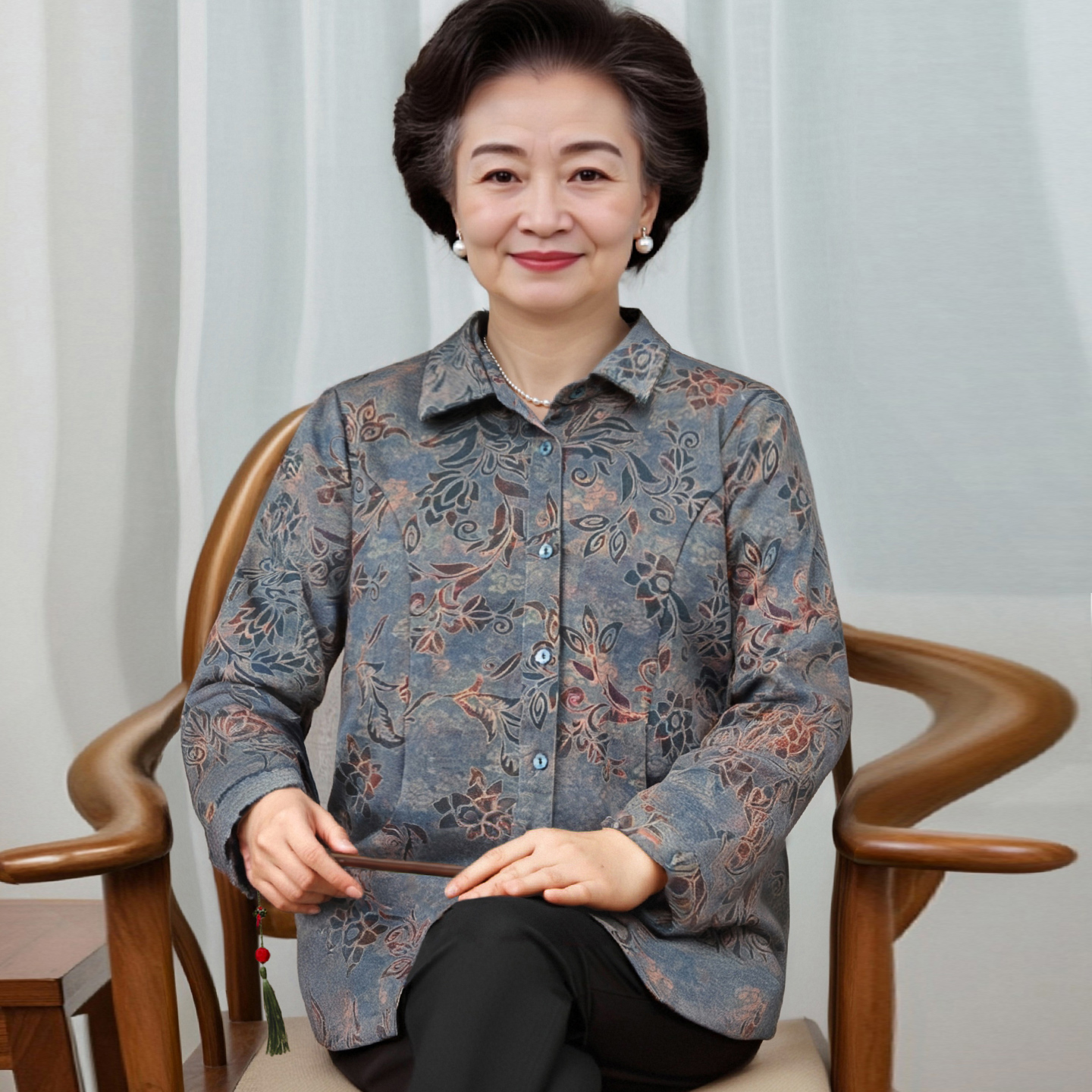 妈妈款长袖衬衣中老年人春秋季新款翻领衬衫70岁奶奶春装薄外套