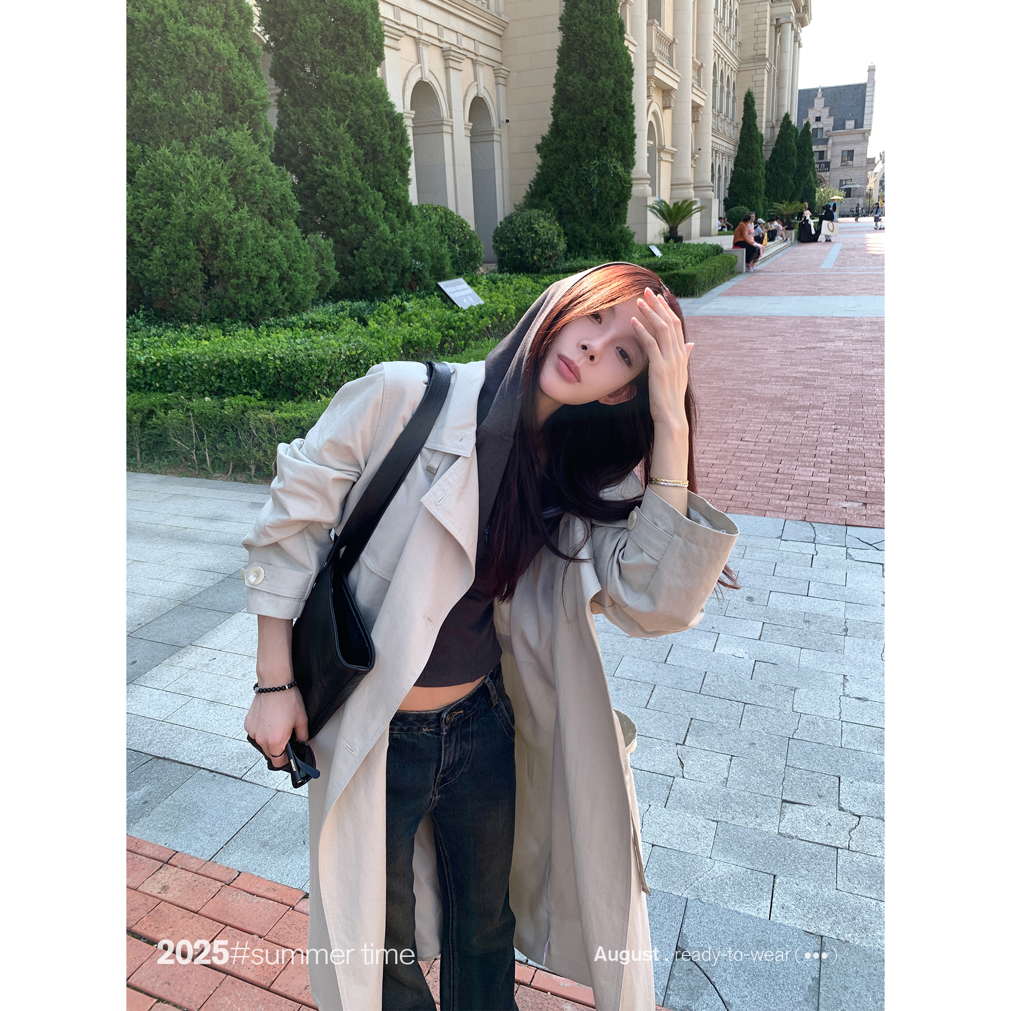 SUNONEONE 连帽松紧腰带休闲长款风衣外套女早秋季韩系大衣H1279W