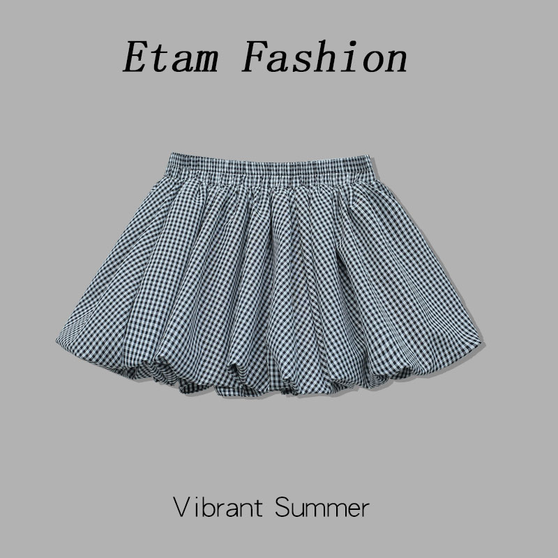 艾格设计感撞色格子花苞半身裙女2025年小个子高腰防走光蓬蓬短裙
