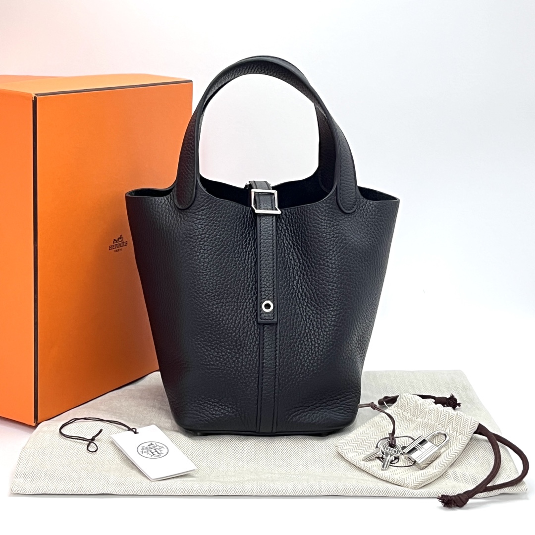 95新 Hermes/爱马仕 黑银菜篮子18手提袋 62975