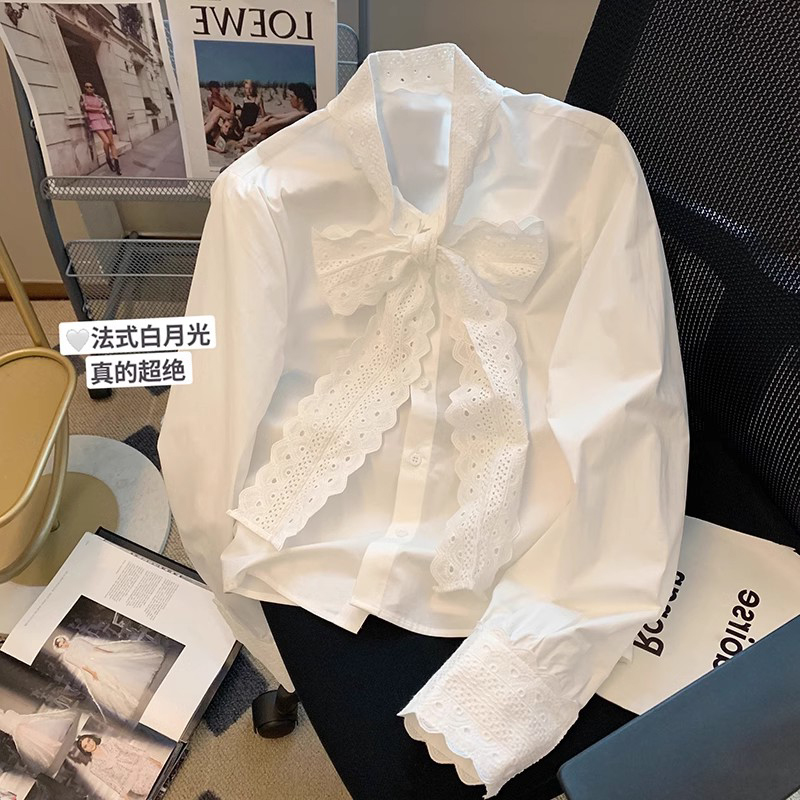 白色拼接蕾丝花边蝴蝶结打底衬衫女新款早春衬衣叠穿内搭上衣