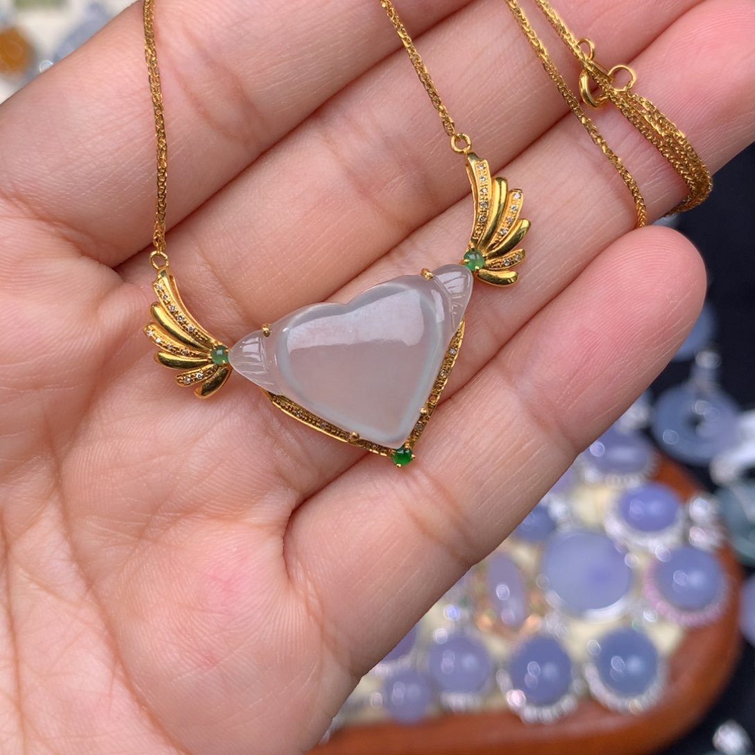 翡翠18K金镶嵌套链天使之翼锁骨链