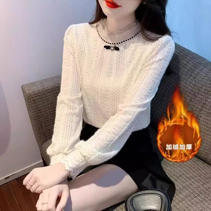 法式蕾丝立领加绒保暖洋气时尚百搭气质打底衫上衣女