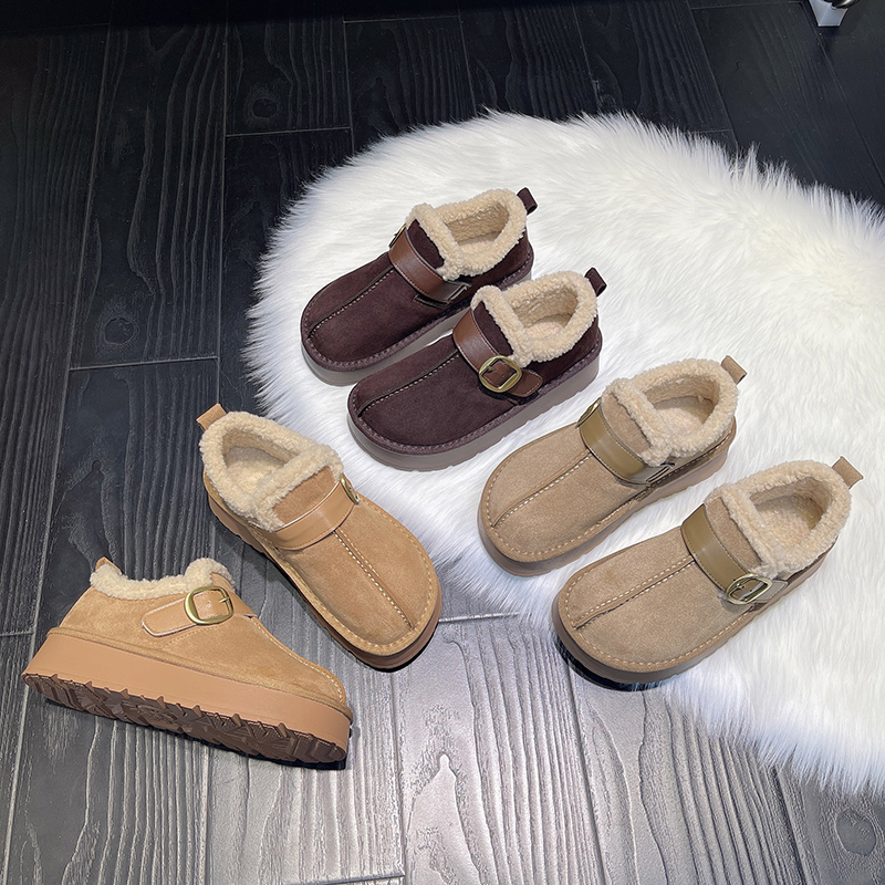 2025冬新款百搭厚底加绒乐福勃肯毛毛鞋雪地靴女棉鞋短靴子078