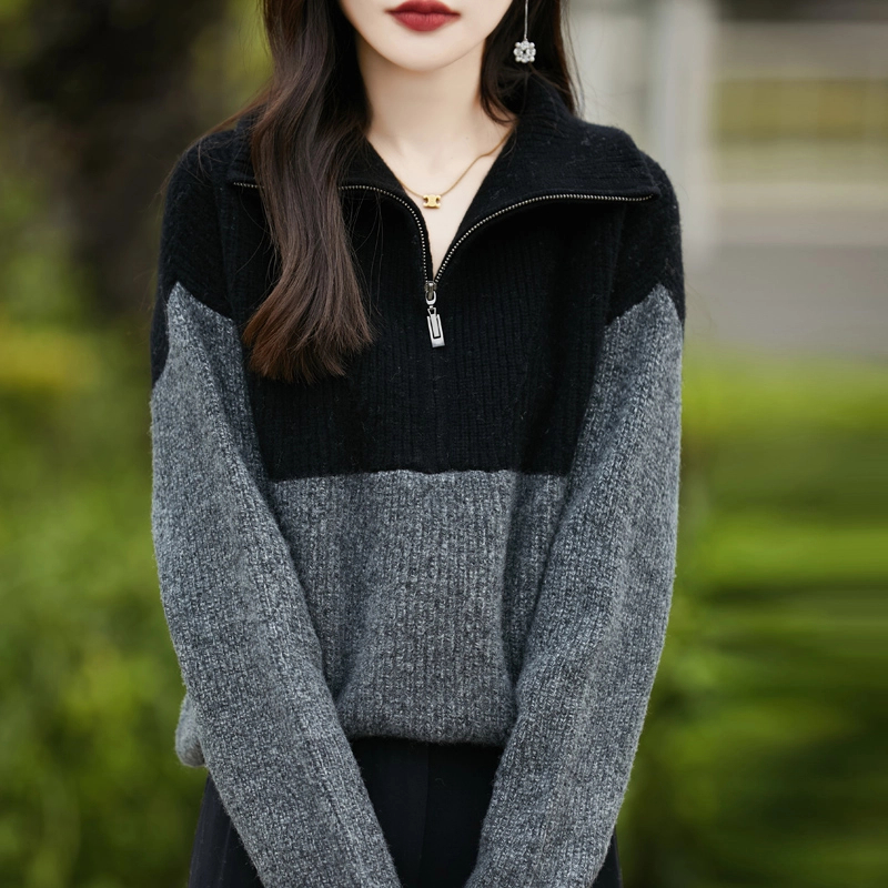 高领100%羊毛衫拉链软糯拼色毛衣宽松慵懒加厚(下单送洗护液)