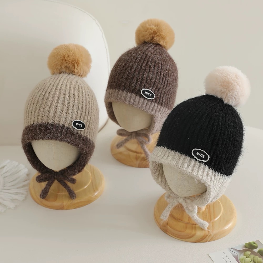 女卡通学院风出游圆顶男无檐帽子宝宝护耳帽加厚针织