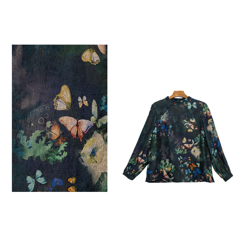 【花间令】6A桑蚕丝香云纱冠乐皱25新款长袖时尚气质显瘦上衣