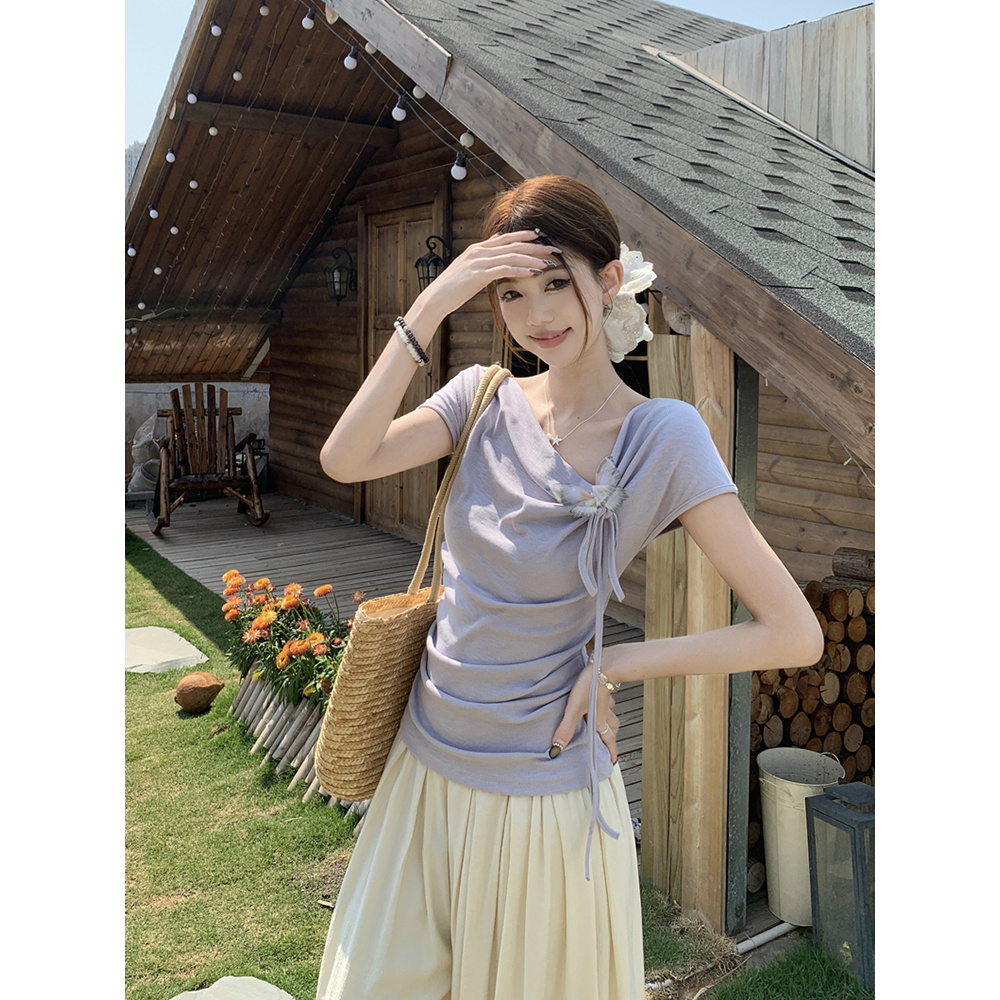 【佳佳】大码女装胖mm新款设计感拼接蝴蝶结系带上衣修身显瘦T恤