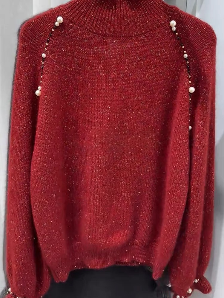 Y026红色半高领套头星空花纱圆领毛衣