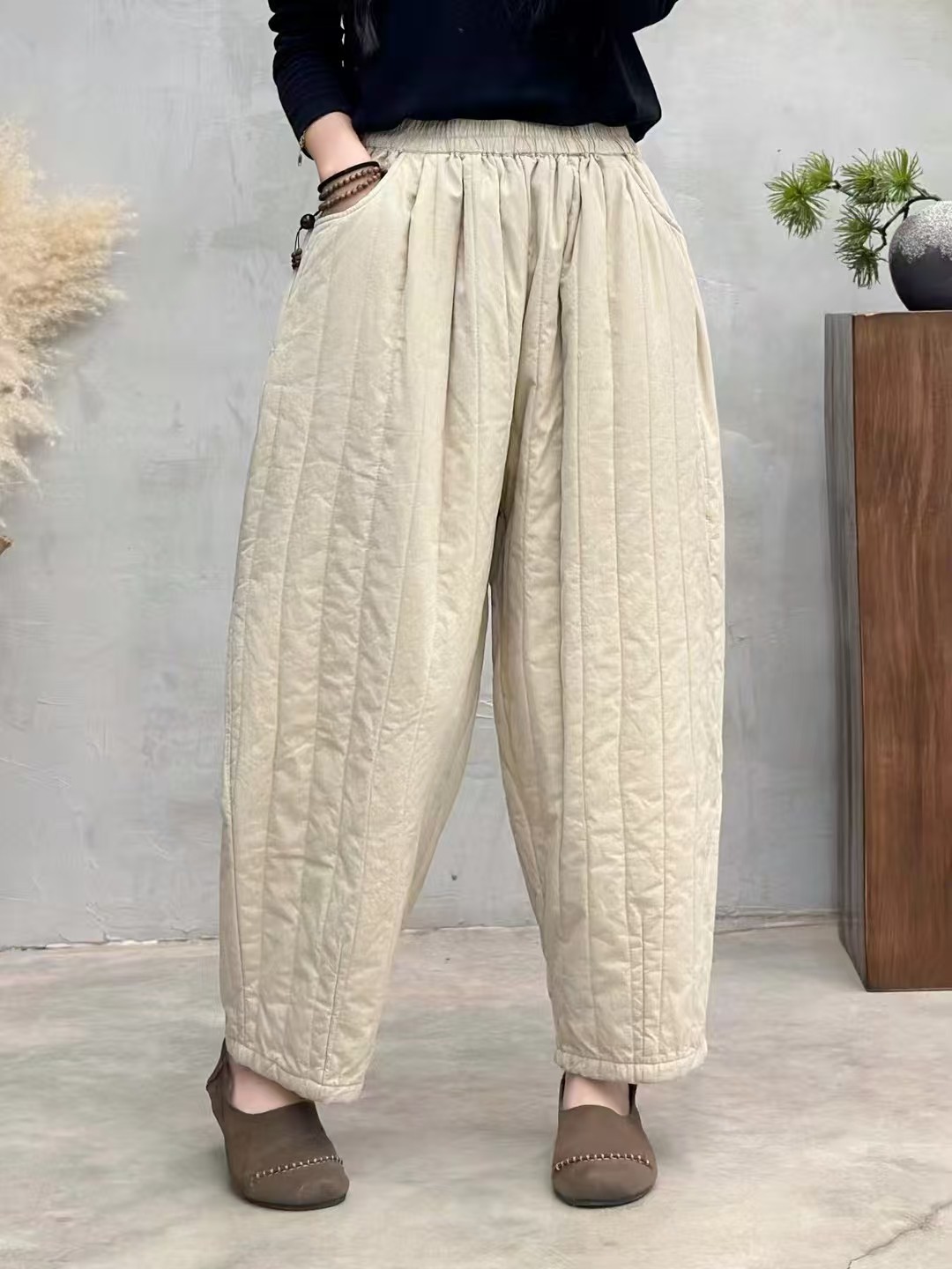 冬女加棉保暖百搭高腰行线纯色休闲显瘦萝卜长裤棉裤