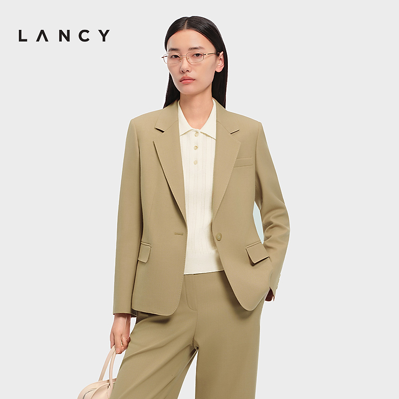 LANCY/朗姿2026春新款羊毛复古简约平驳领西装外套高级感短西服女