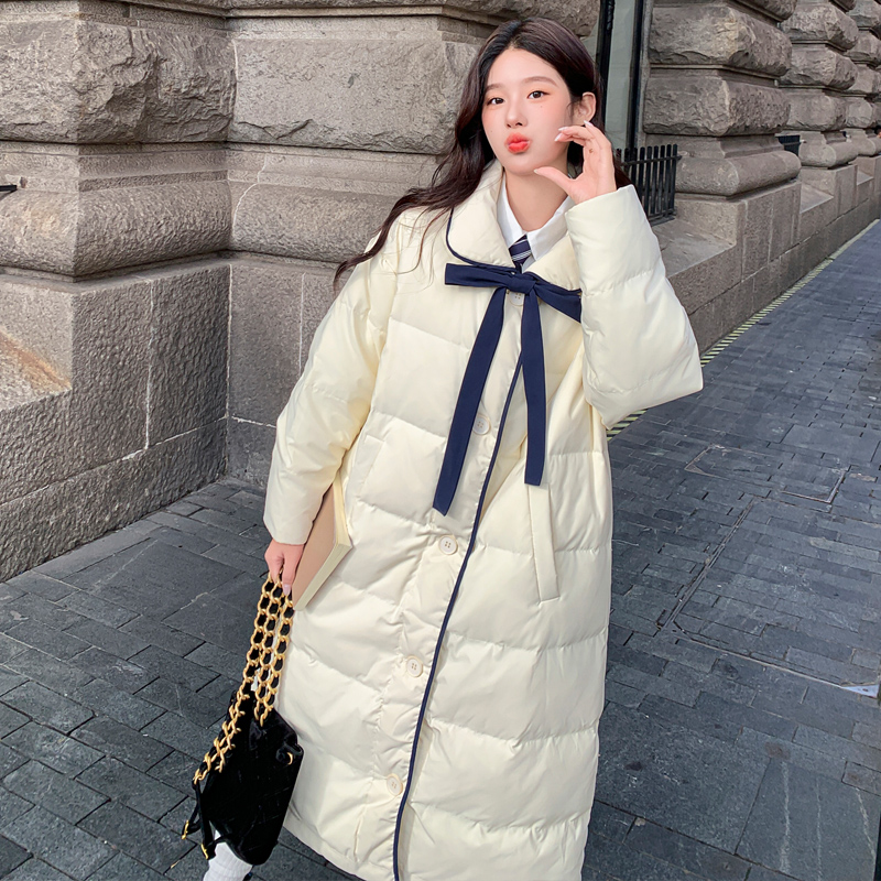 学院风蝴蝶结罗上长款羽绒服女款2025冬季新款小个子大气保暖外套