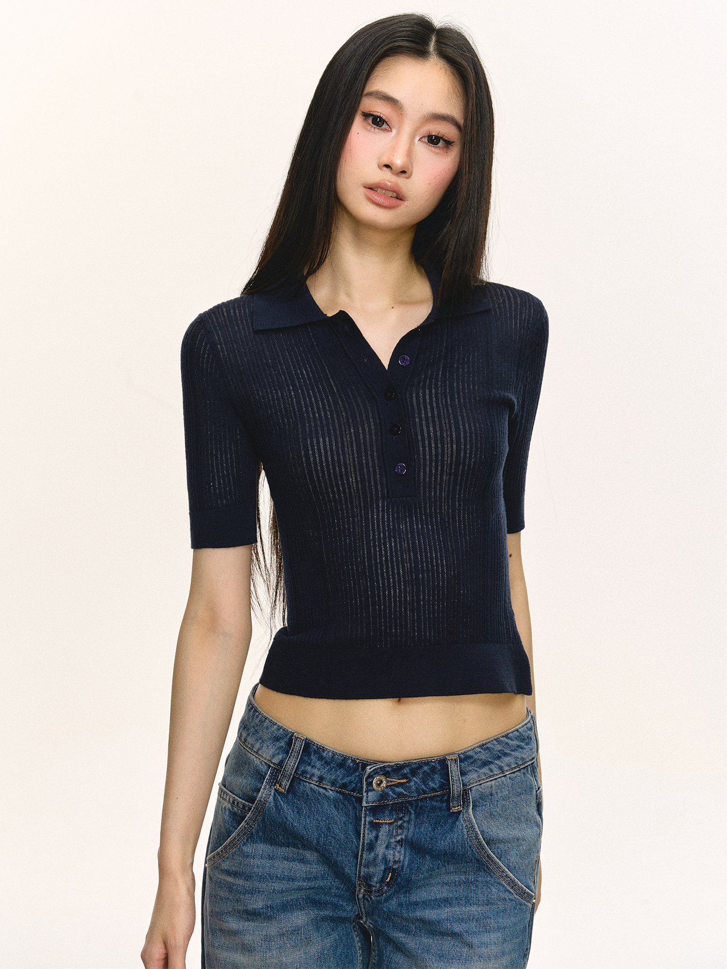 anna aneae蓝色polo领上衣女夏休闲短款正肩修身显瘦针织短袖t恤